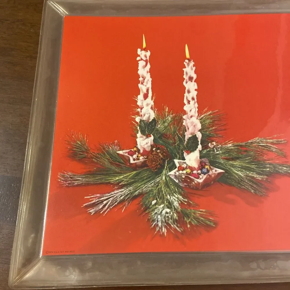 Vintage 1974 Christmas Placemats 6 MCM Red Candle Pine D.A.C. NY Kitsch EUC